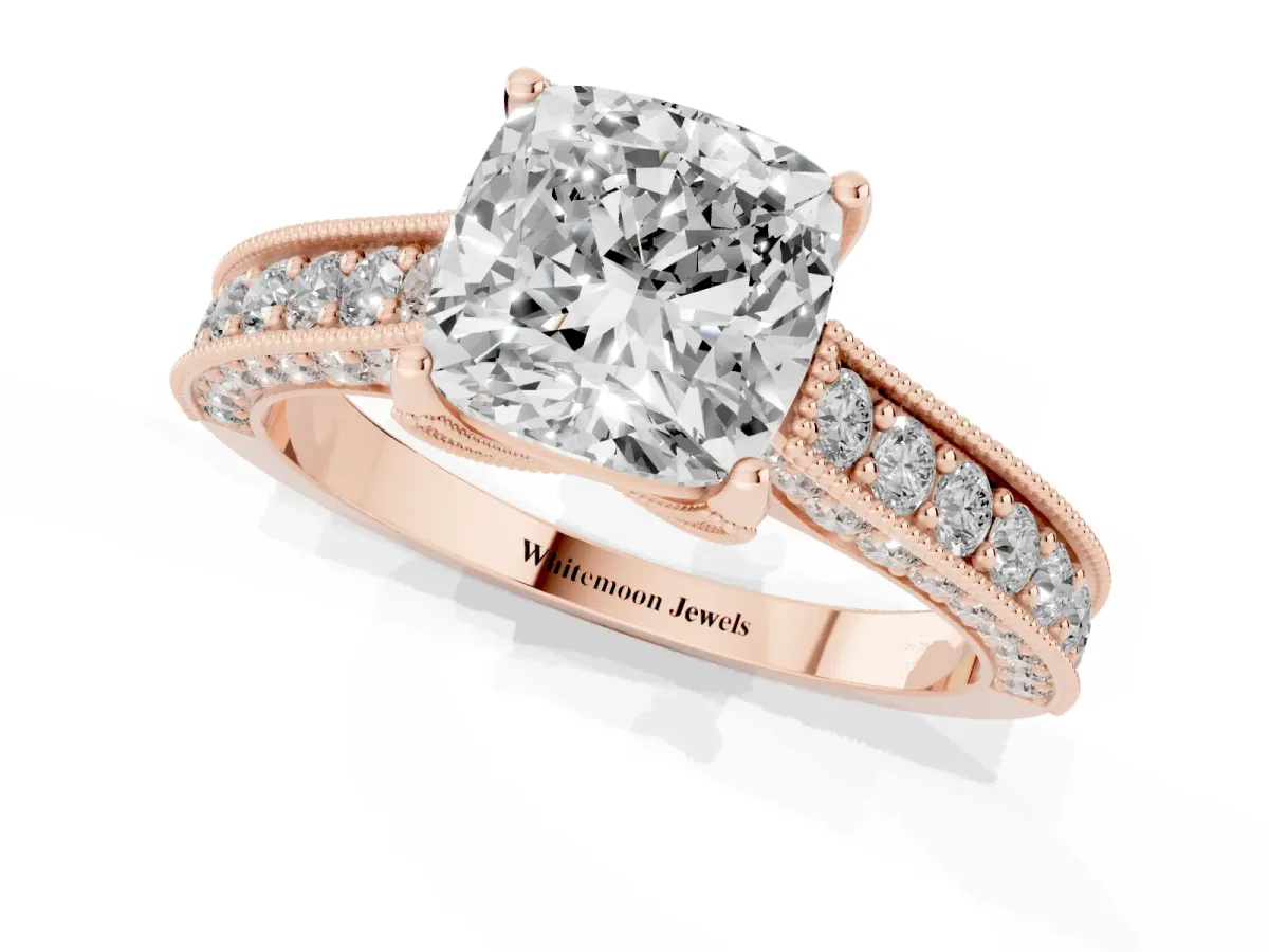 Cushion Cut Cut Diamond Solitaire Ring with Milgrain Pave Band and Four Prong Setting Rose gold