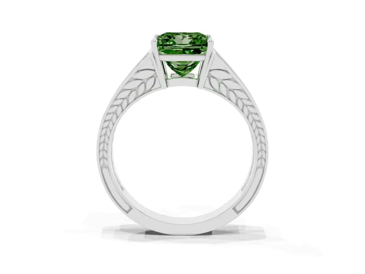 Fancy Green Princess Cut Diamond Split Shank Ring with Pavé Band and Four-Prong Setting Platinum