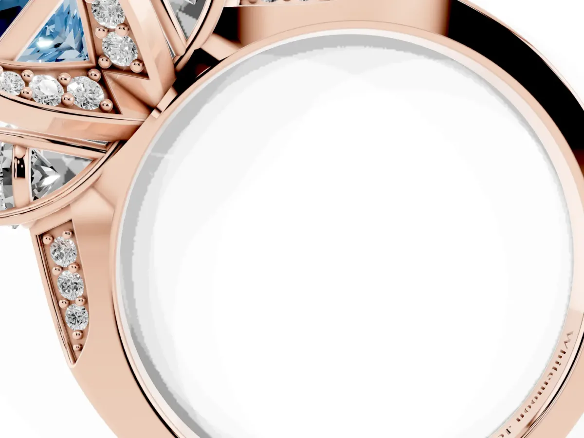 Fancy Blue Princess Cut Brilliant Three-Stone Diamond Ring with Pavé Band and Four-Prong Setting Rose gold