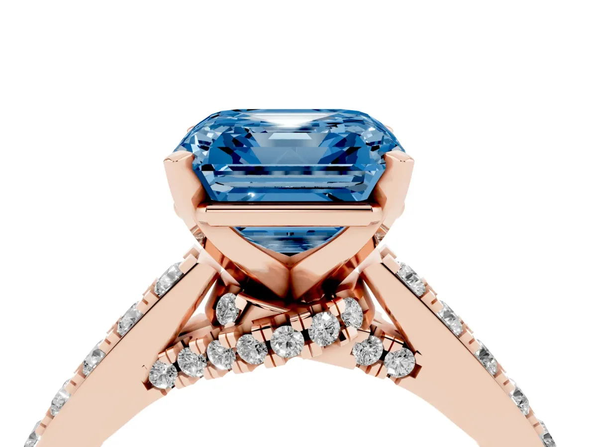 Fancy Blue Asscher Cut Diamond Solitaire Ring with Crossover Gallery and Round Pavé Band Rose gold