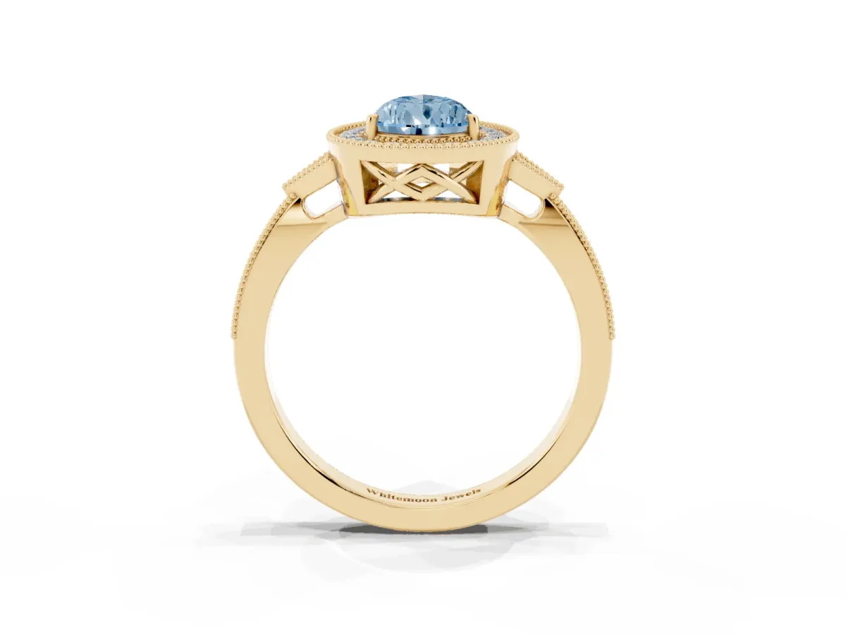 Fancy Blue Pear Cut Halo Round Diamond Milgrain Pave Engagement Ring Yellow gold