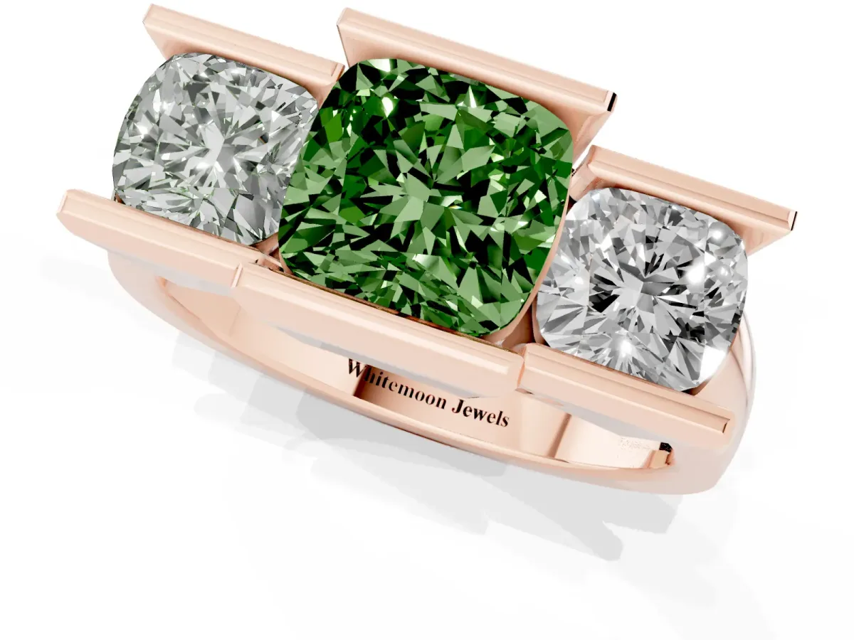 Fancy Green Three Stone Cushion Cut Cut Channel Set Diamond Ring Rose gold