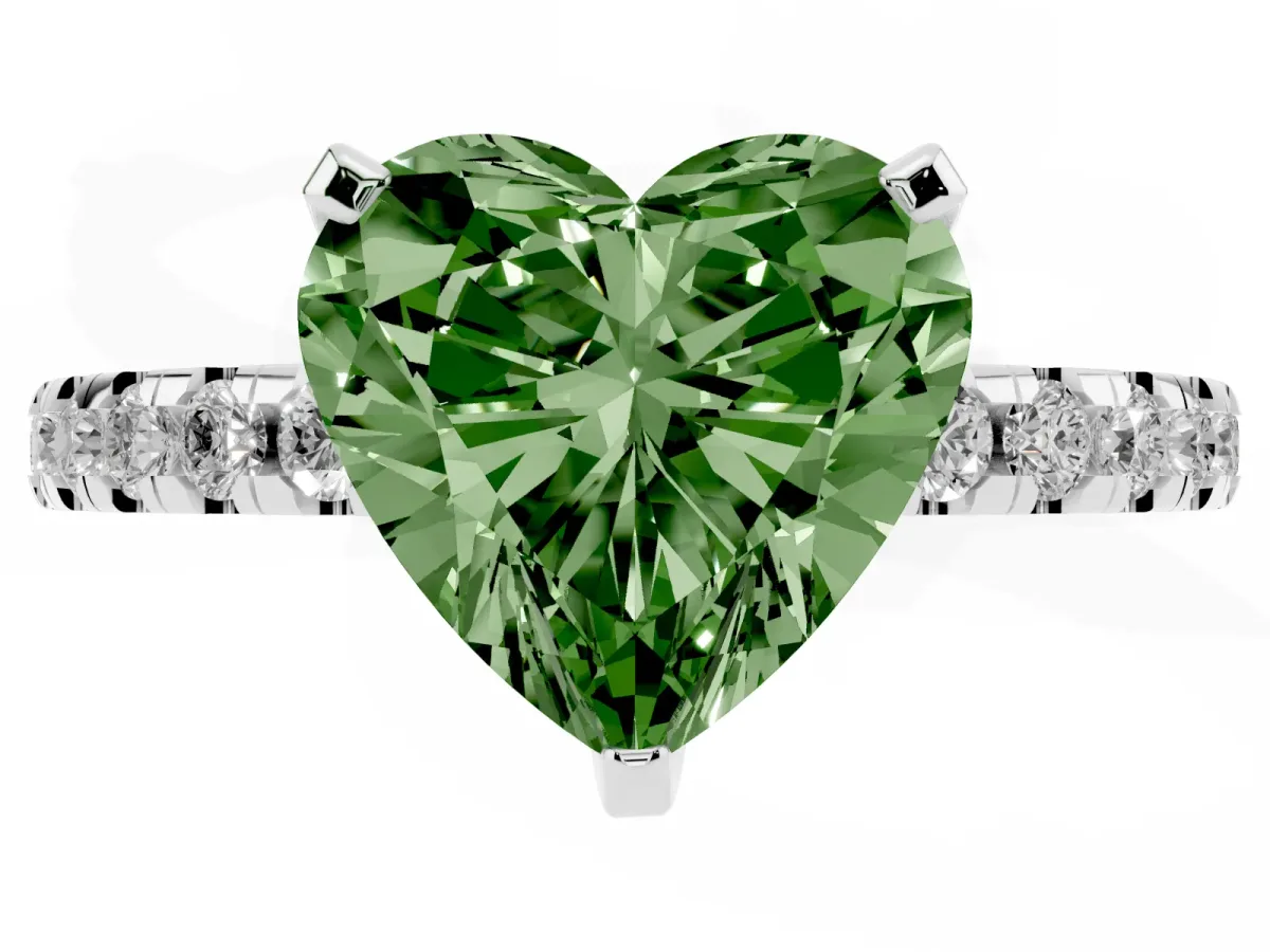 Fancy Green Heart Cut Diamond Solitaire Ring with Round Pavé Band and Four-Prong Setting Platinum