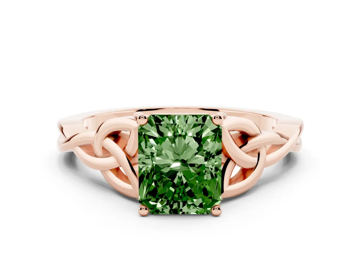 Fancy Green Radiant Cut Diamond Solitaire Engagement Ring with Celtic Knot Band and Four-Prong Setting Rose gold