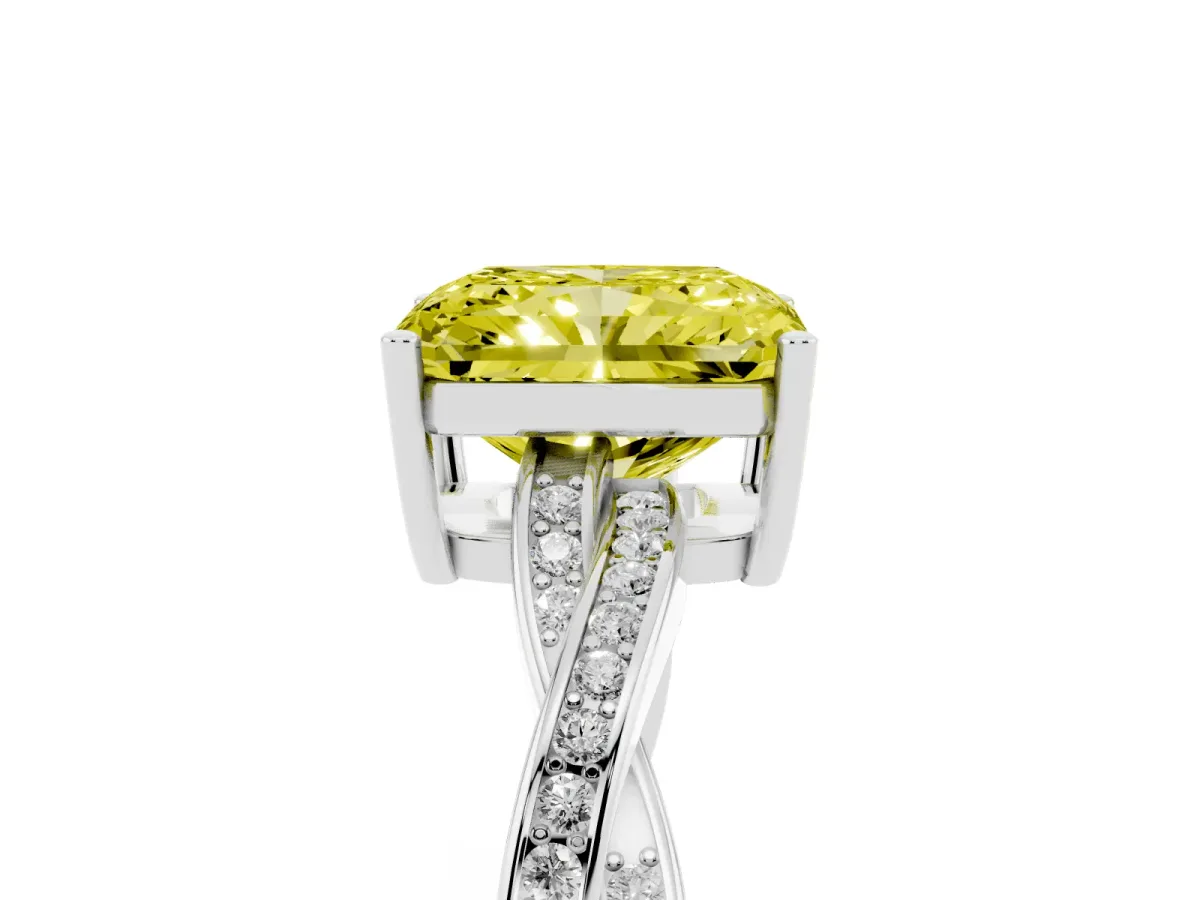 Fancy Yellow Radiant Cut Solitaire Twisted Pave Diamond Ring with Four-Prong Setting Silver