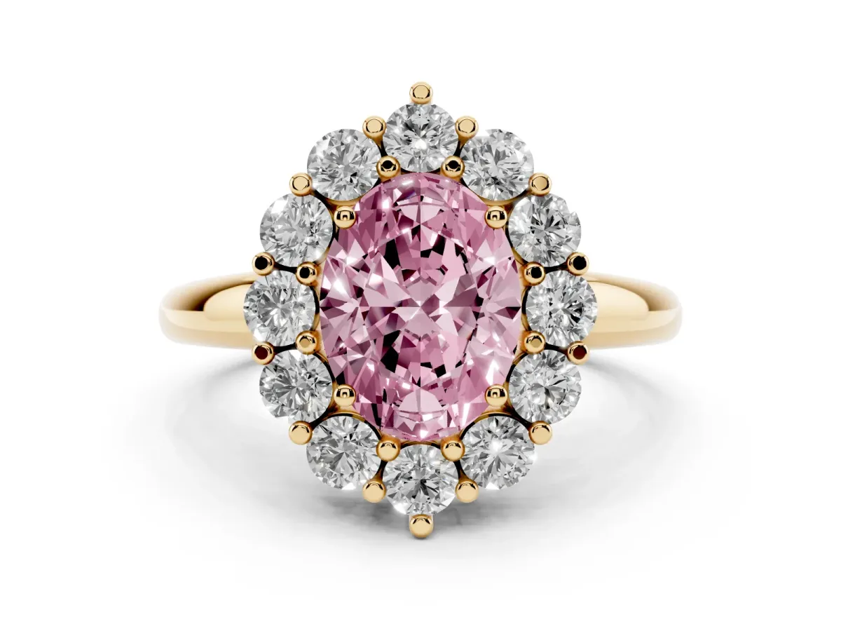 Fancy Pink Oval Cut Halo Cluster Diamond Engagement Ring with Prong Setting and Polished Band Yellow gold