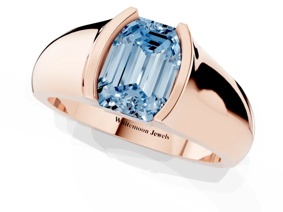 Fancy Blue Emerald Cut Solitaire Bezel Set Diamond Ring with Wide Band Rose gold