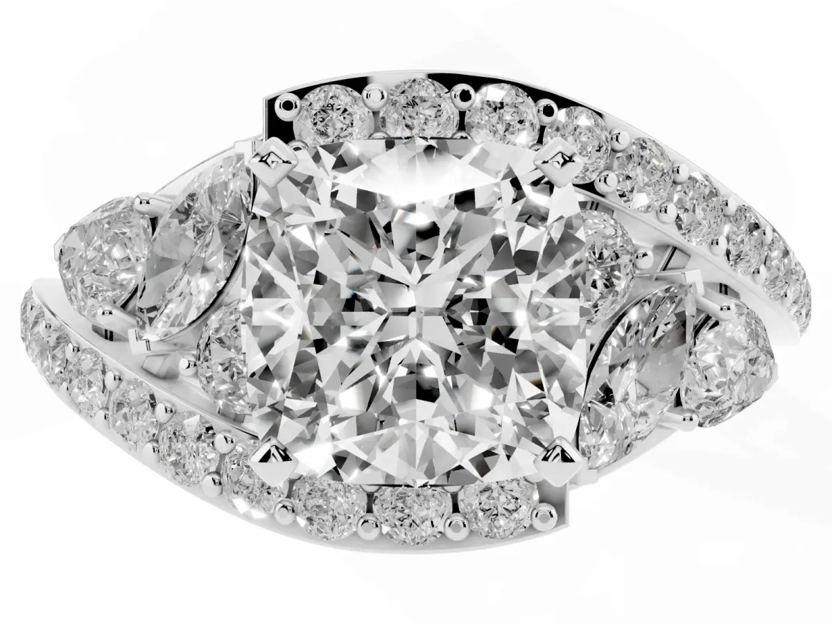 Cushion Cut Diamond Halo Ring with Marquise and Pavé Band in Prong Setting Silver