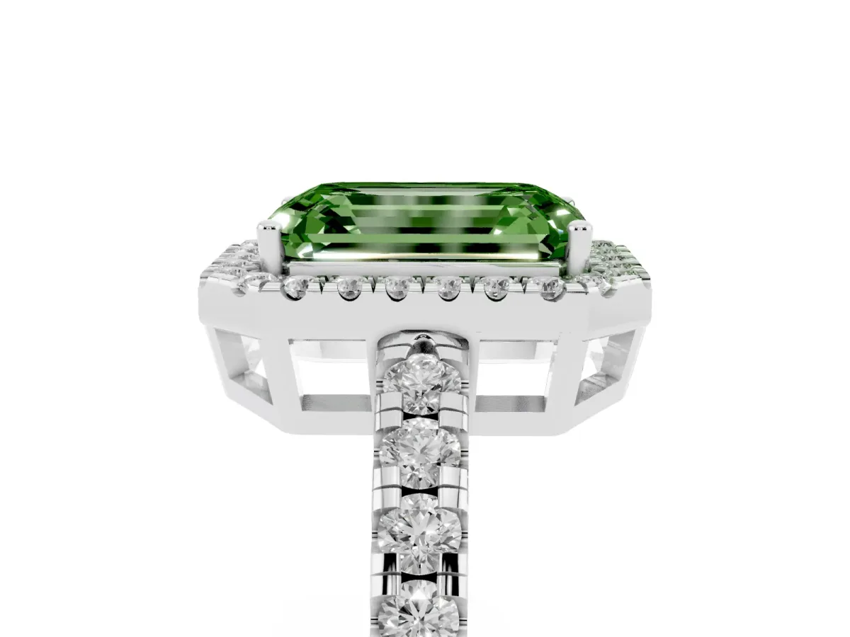 Fancy Green Emerald Cut Diamond Halo Ring with Pavé Band and Four-Prong Setting Platinum