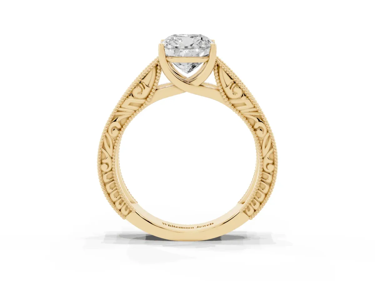 Cushion Cut Diamond Solitaire Ring with Engraved Band and Four-Prong Setting Yellow gold