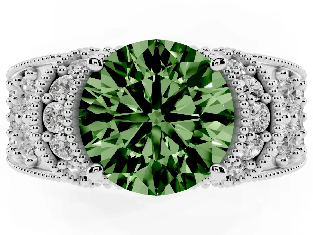 Fancy Green Round Cut Halo Pave Diamond Engagement Ring with Milgrain Detailing Silver