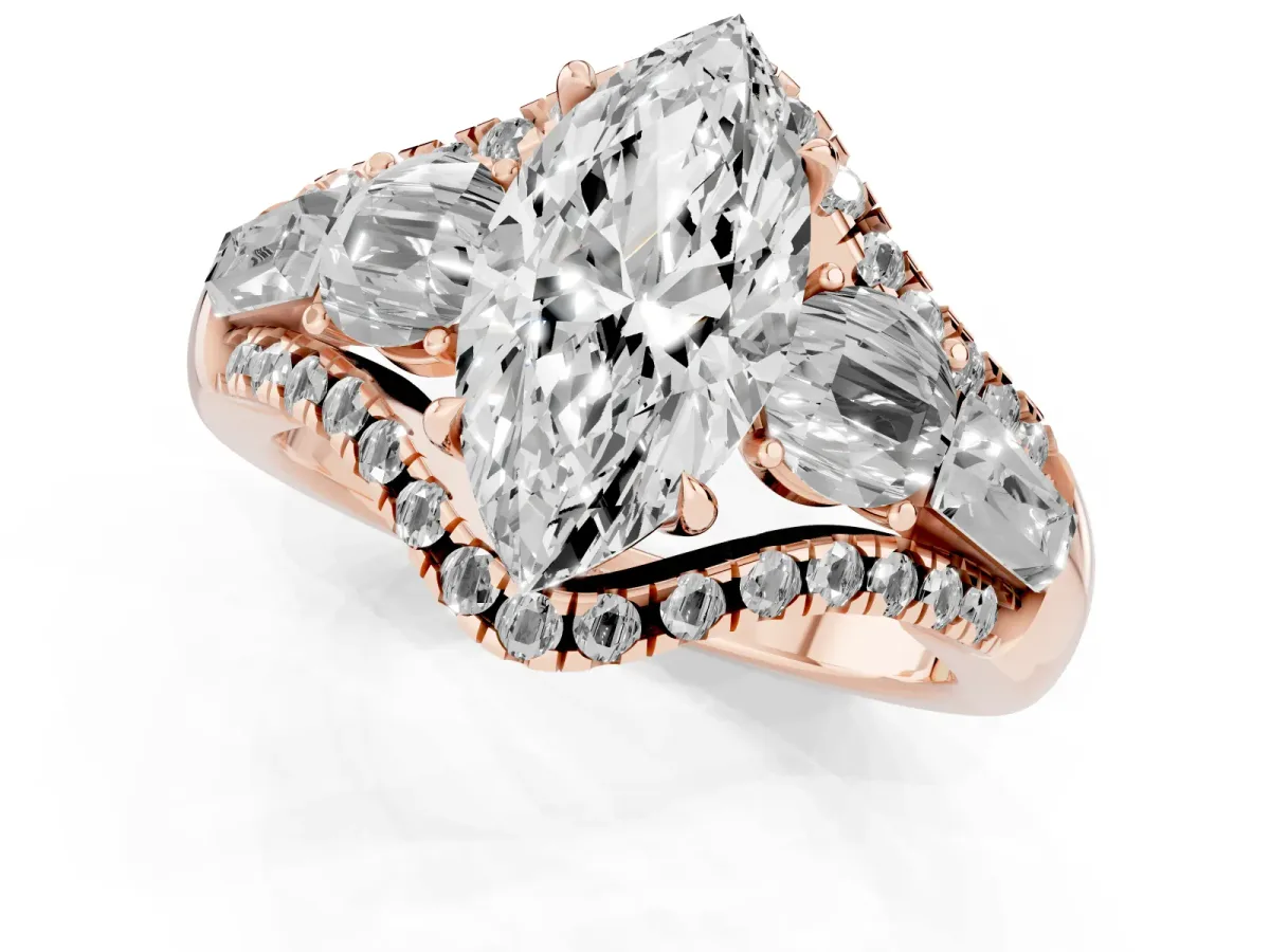 Three-Stone Marquise Cut Diamond Engagement Ring with Pave Band and Prong Setting Rose gold
