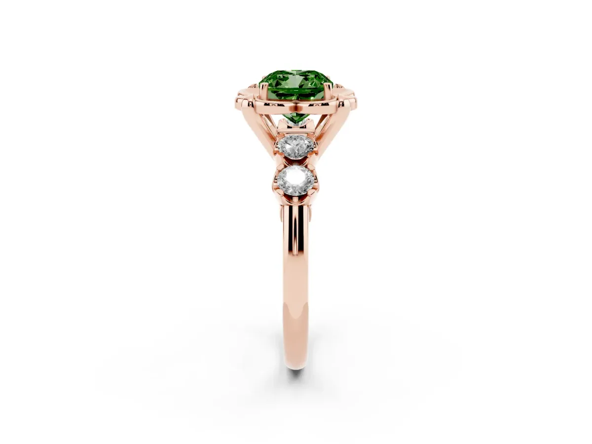 Fancy Green Cushion Cut Cut Diamond Floral Halo Engagement Ring with Shared Prong Setting Rose gold