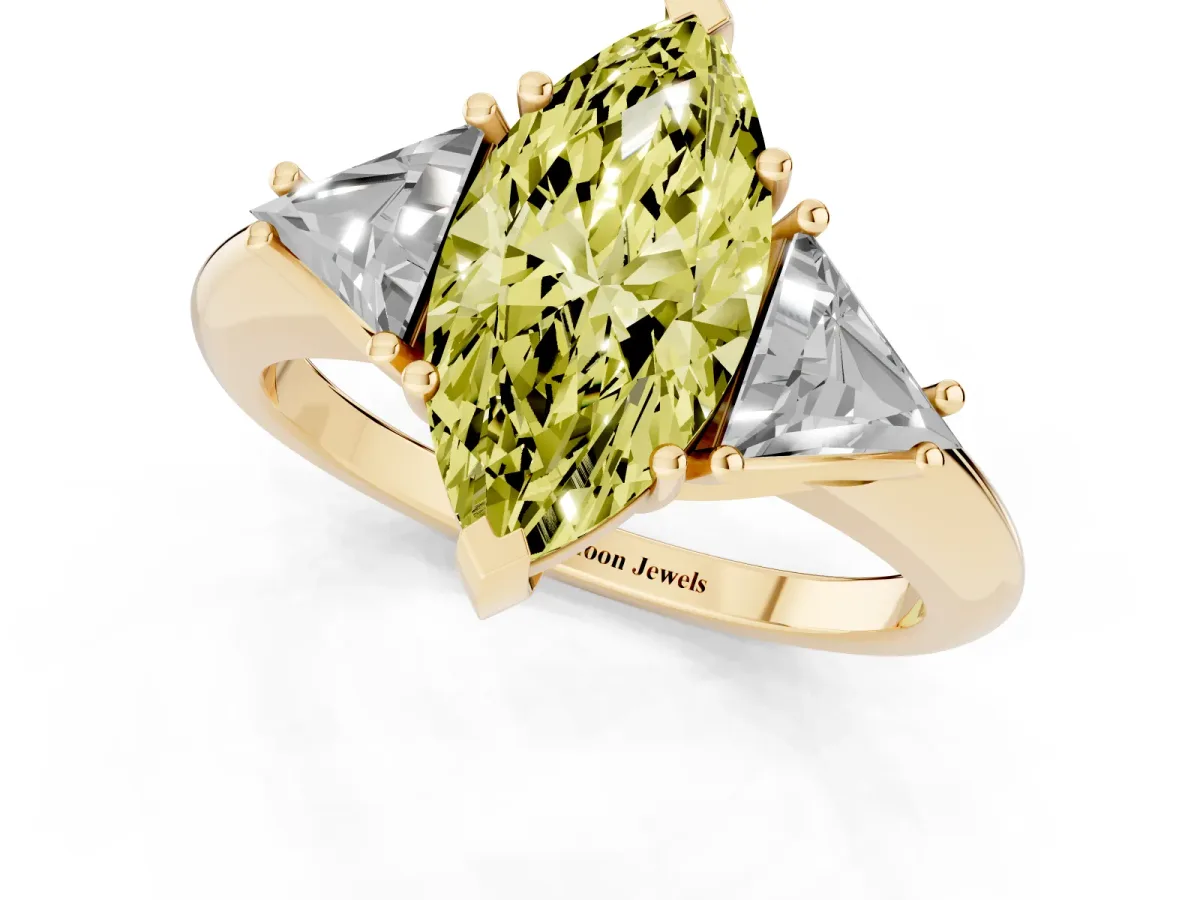Fancy Yellow Three-Stone Marquise Cut Diamond Engagement Ring with Trillion Side Stones and Prong Setting Yellow gold