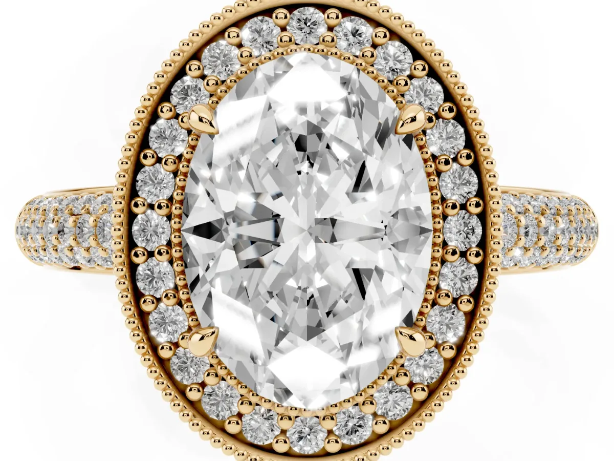 Oval Cut Cut Halo Diamond Pave Band with Four-Prong Setting Yellow gold