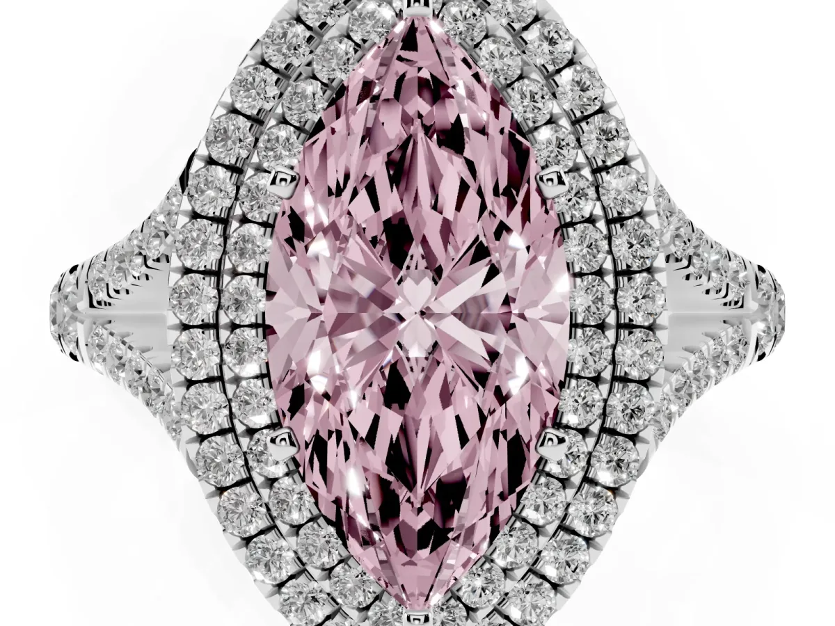 Fancy Pink Double Halo Marquise Cut Diamond Split Shank Engagement Ring with Four-Prong Setting Platinum
