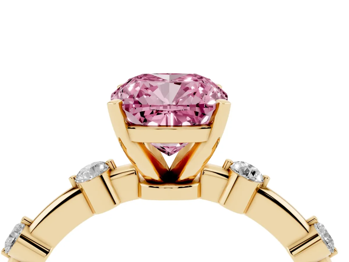 Fancy Pink Cushion Cut Solitaire Diamond Ring with Bezel Set Side Stones and Prong Setting Yellow gold