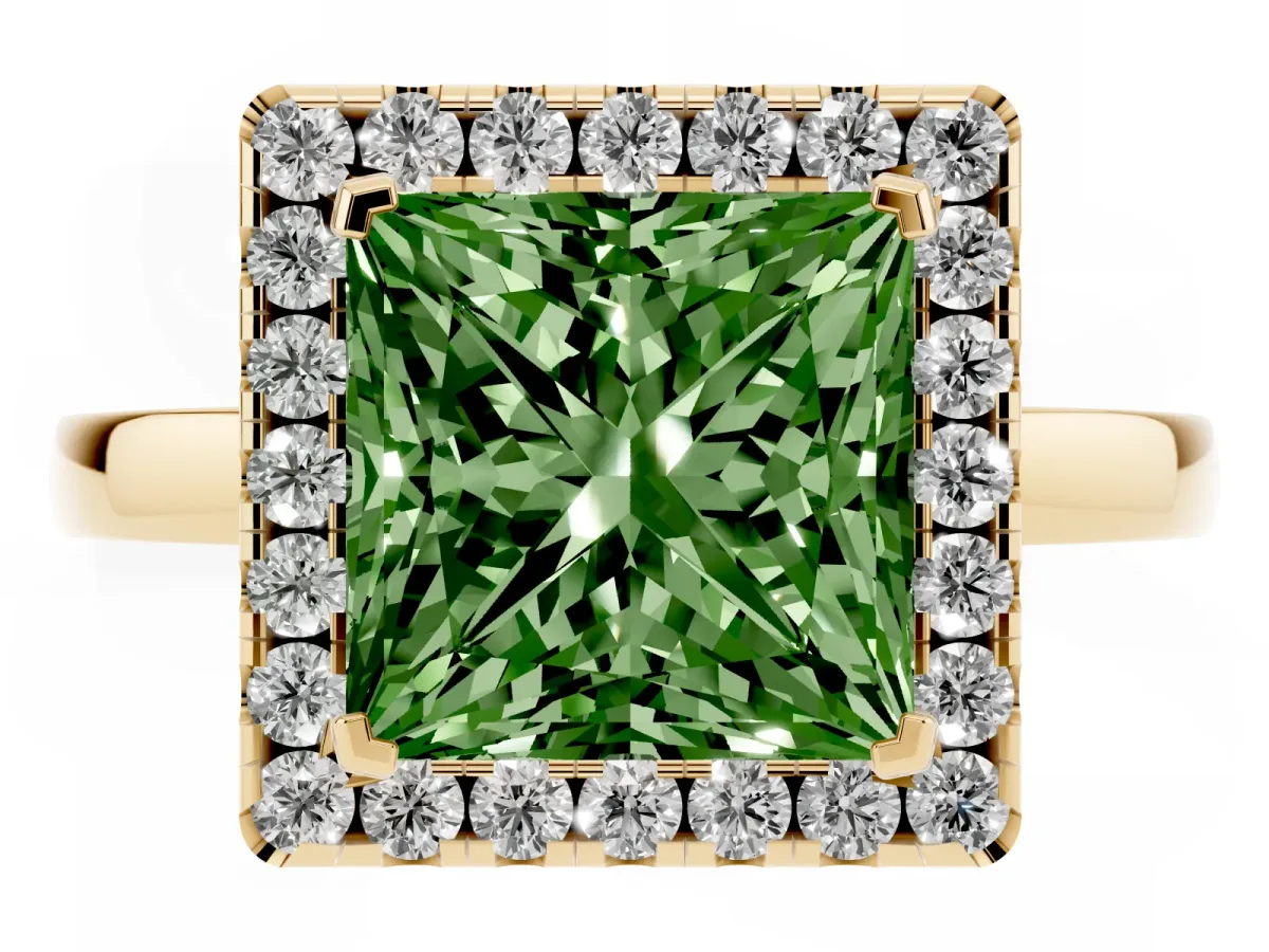 Fancy Green Princess Cut Halo Diamond Solitaire with Pavé Band and Four-Prong Setting Yellow gold
