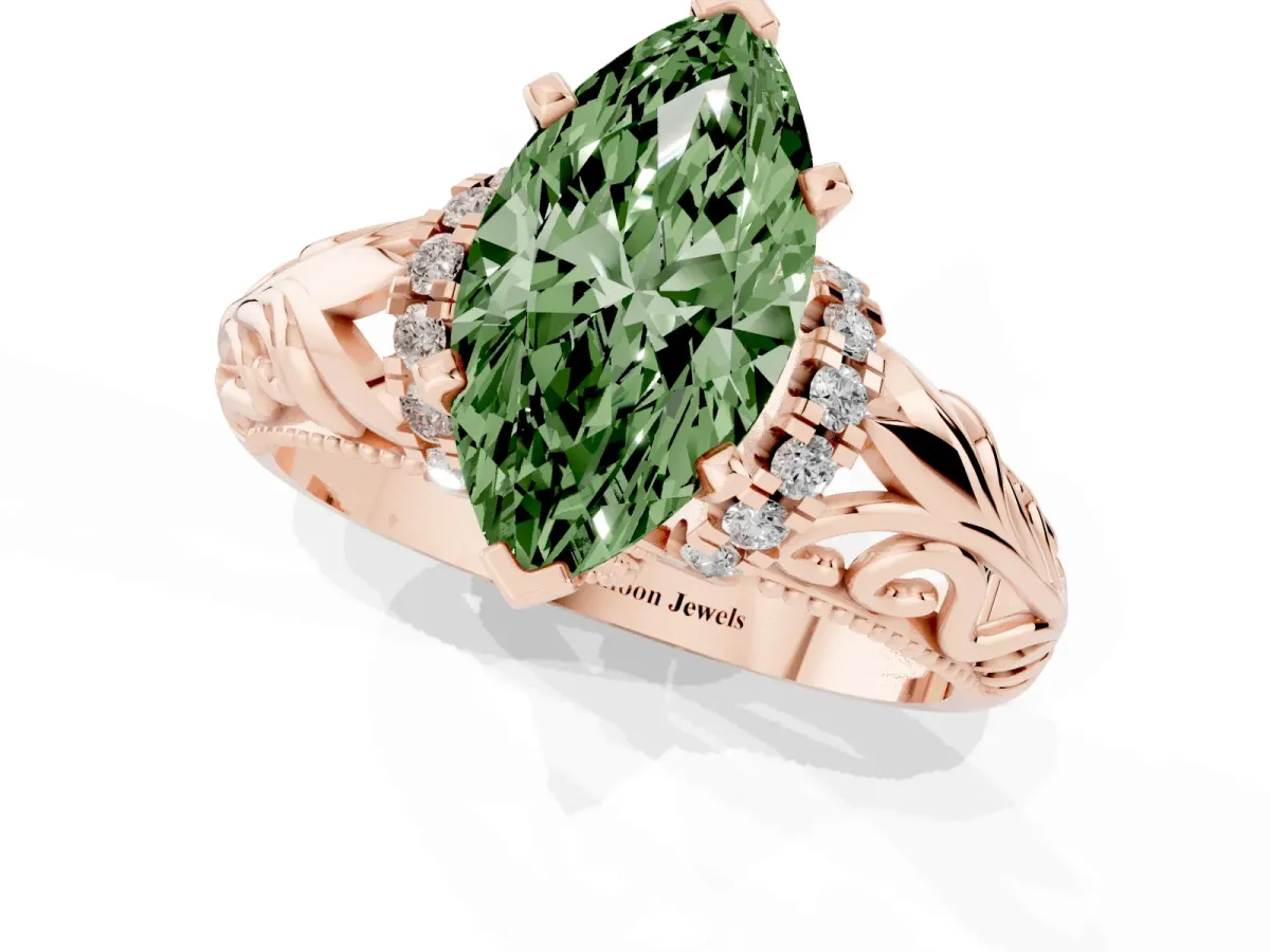 Fancy Green Marquise Cut Solitaire Filigree Engagement Ring with Halo and Prong Setting Rose gold
