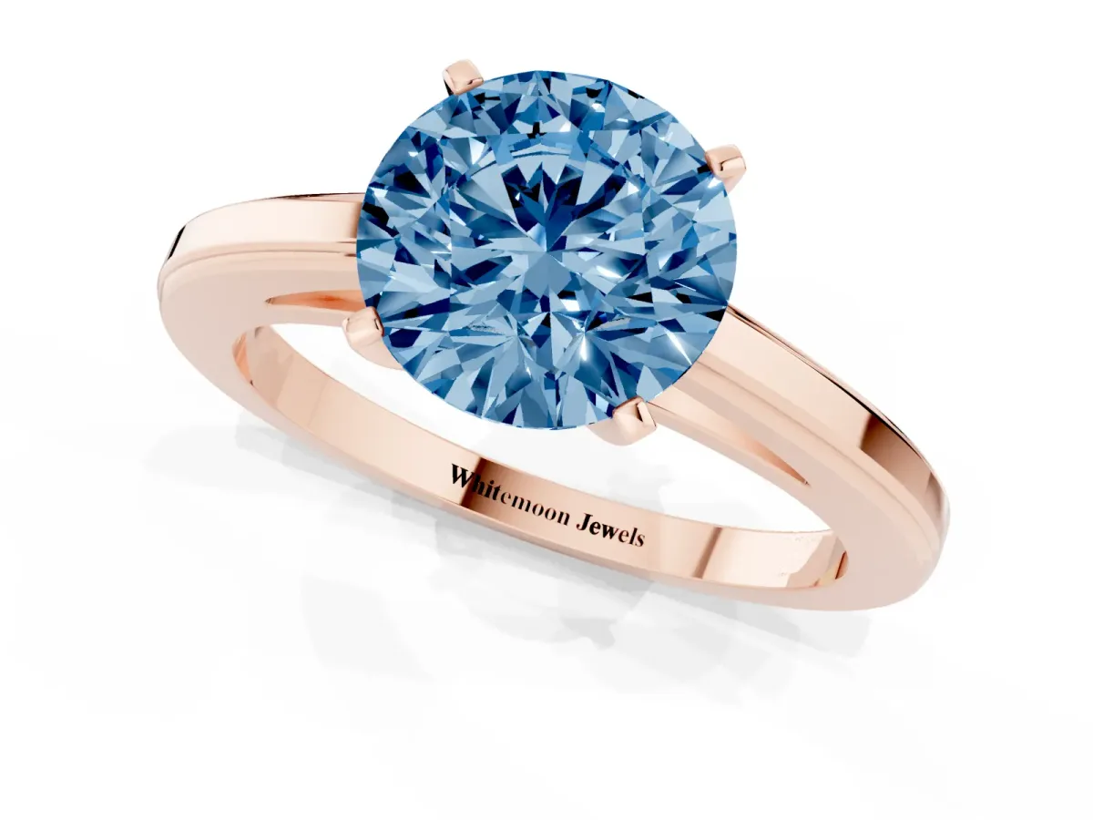 Fancy Blue Round Cut Solitaire Diamond Ring with Four-Prong Setting and Classic Band Rose gold