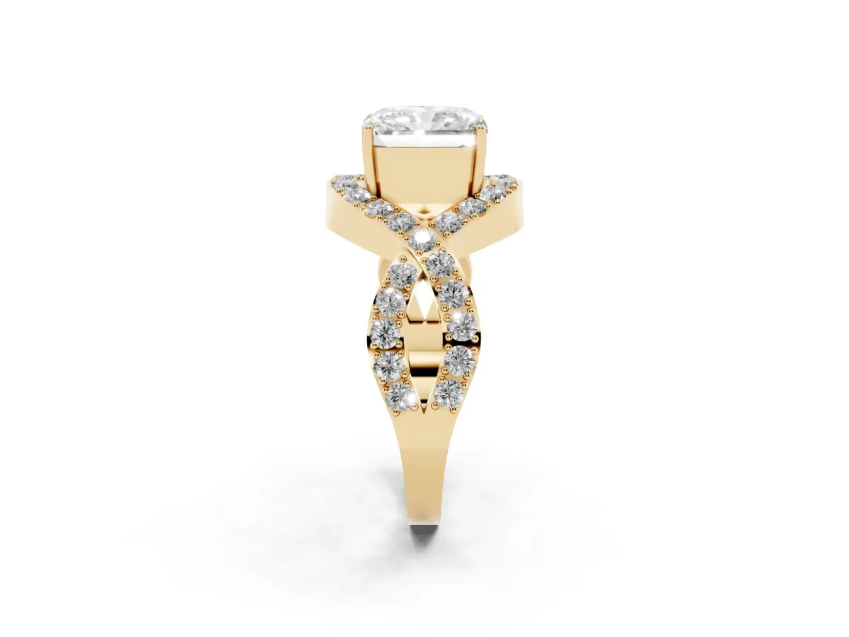 Radiant Cut Solitaire Twist Band Pavé Diamond Engagement Ring Yellow gold