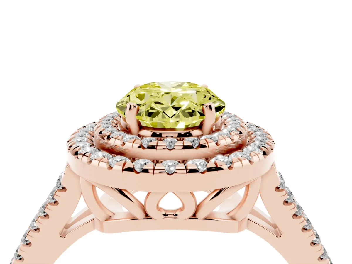 Fancy Yellow Oval Cut Diamond Double Halo Ring with Pavé Band and Prong Setting Rose gold