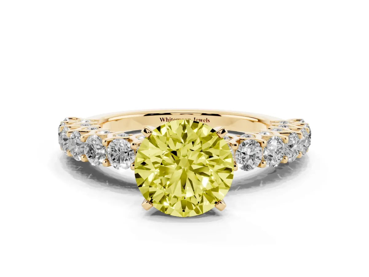Fancy Yellow Round Cut Diamond Solitaire Ring with Shared Prong Pavé Band and Four-Prong Setting Yellow gold