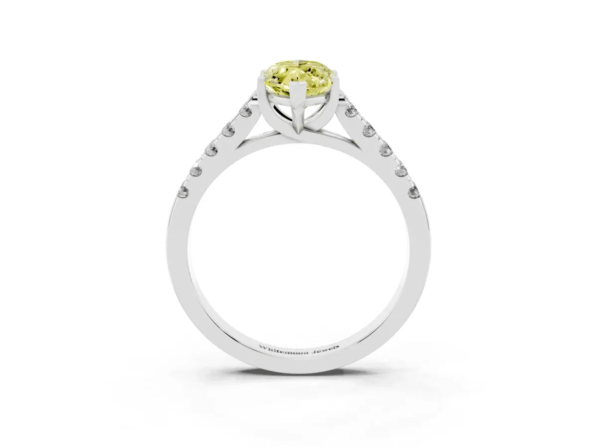 Fancy Yellow Marquise Cut Diamond Pavé Band Solitaire Ring with Prong Setting Silver