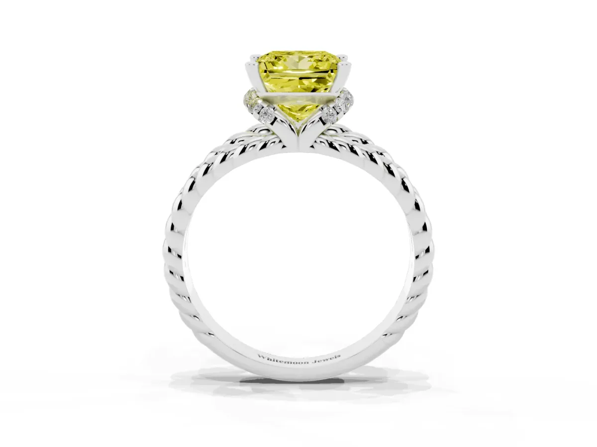 Fancy Yellow Princess Cut Halo Twisted Band Four-Prong Ring Silver