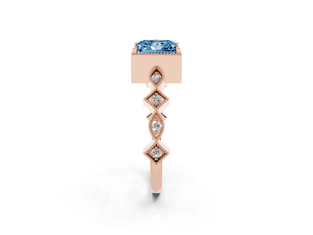 Fancy Blue Princess Cut Milgrain Marquise Diamond Twist Band Ring Rose gold