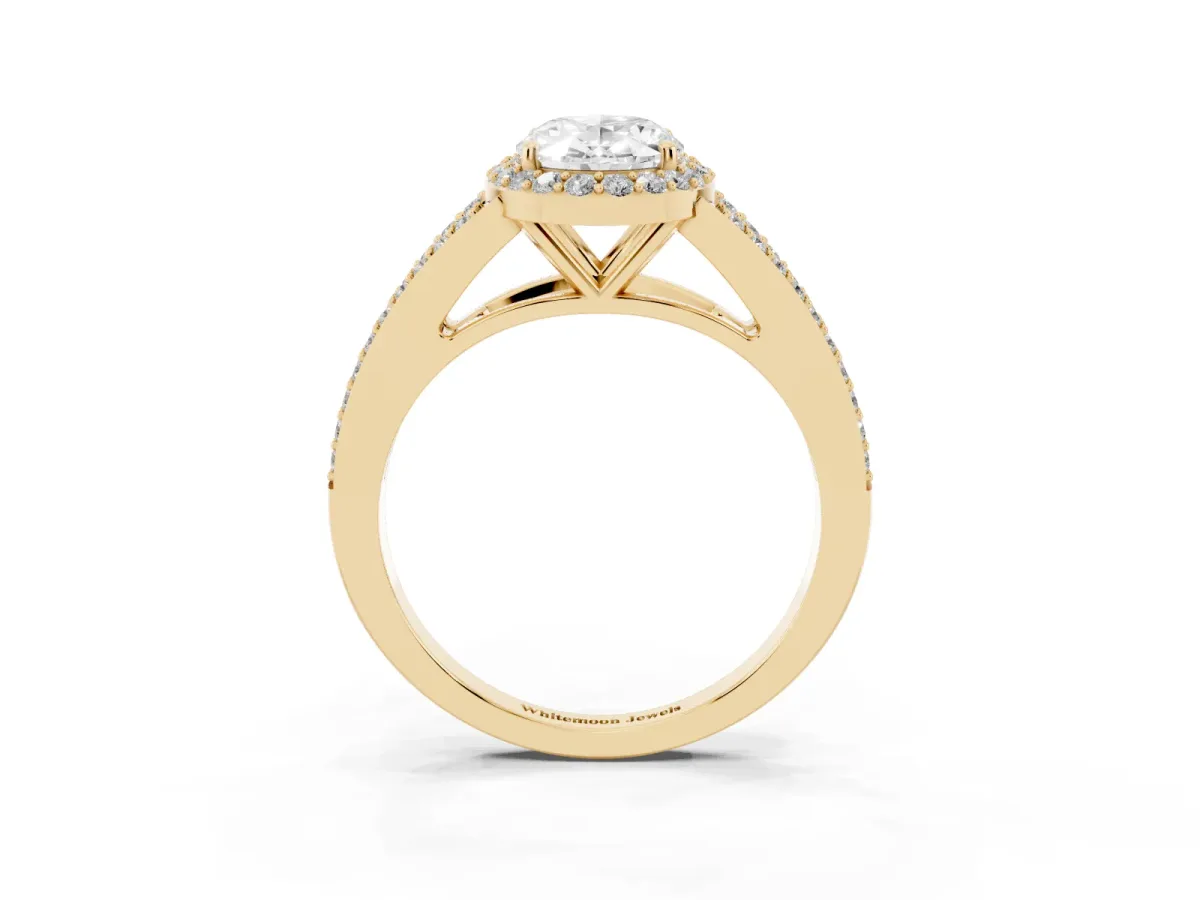 Oval Cut Halo Split Shank Pave Diamond Ring with Four-Prong Setting Yellow gold
