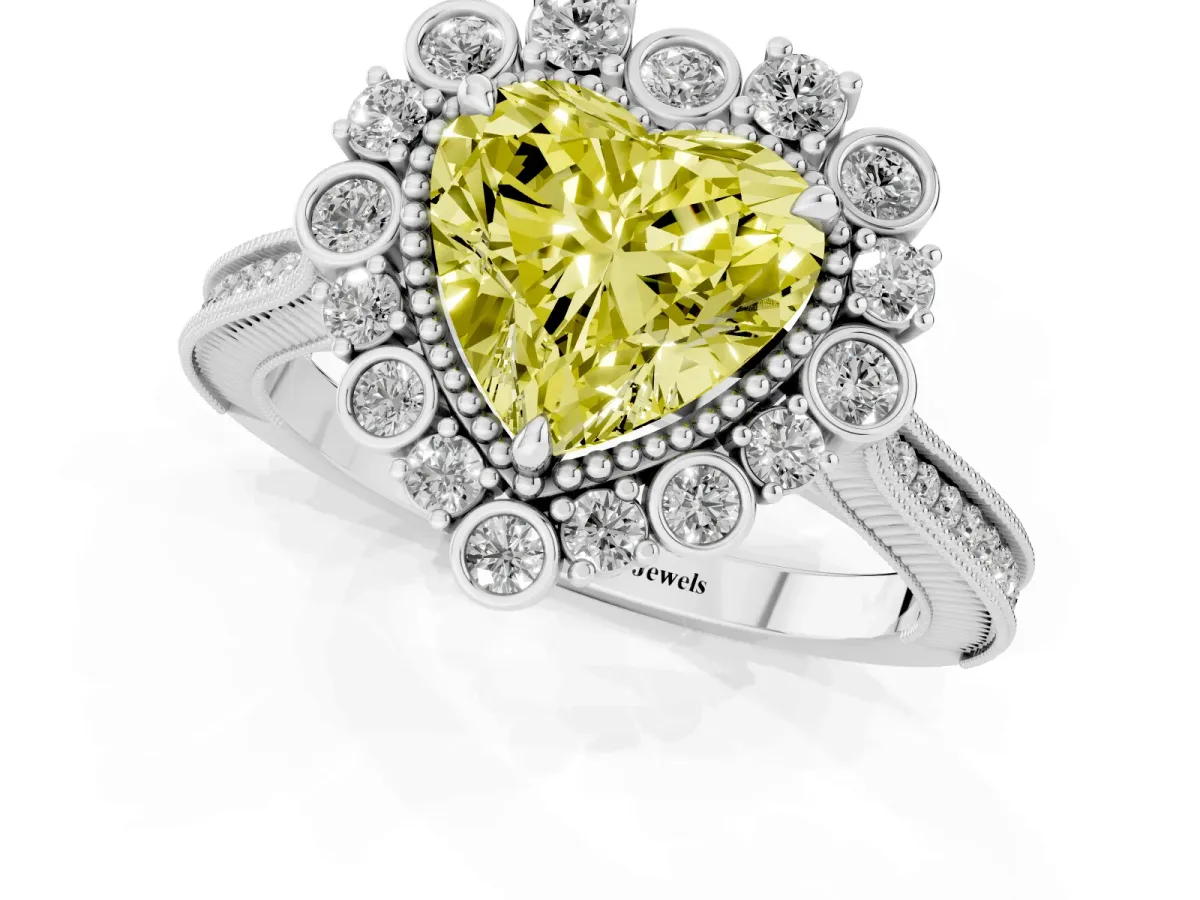 Fancy Yellow Heart Cut Halo Milgrain Pave Diamond Ring with Four-Prong Setting Silver