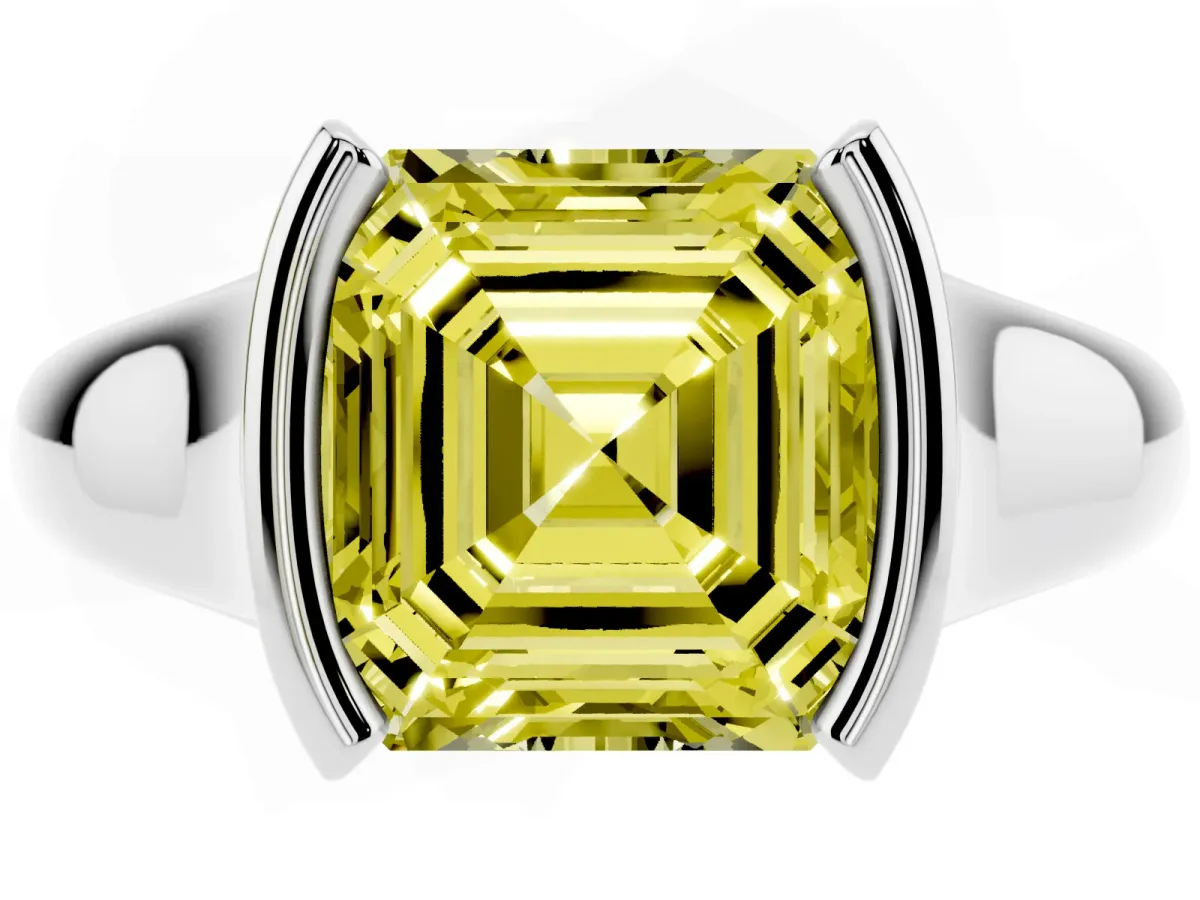 Fancy Yellow Asscher Cut Solitaire Tension Set Diamond Ring with Split Shank Band Platinum