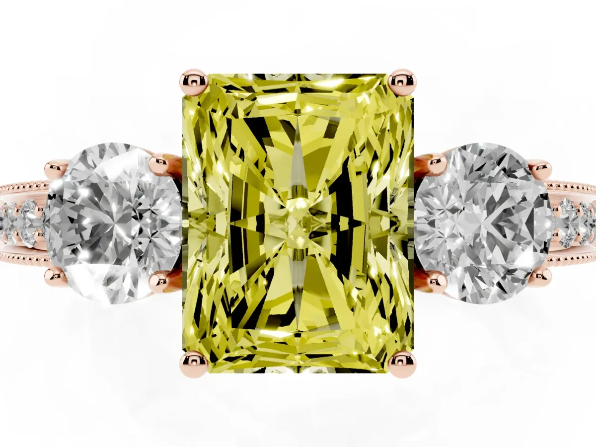 Fancy Yellow Radiant Cut Three-Stone Diamond Ring with Pavé Band and Four-Prong Setting Rose gold