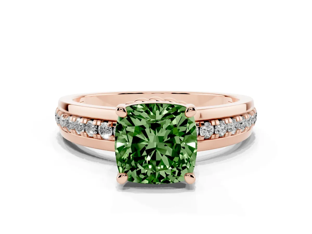 Fancy Green Cushion Cut Solitaire Diamond Ring with Channel Set Band and Six-Prong Setting Rose gold