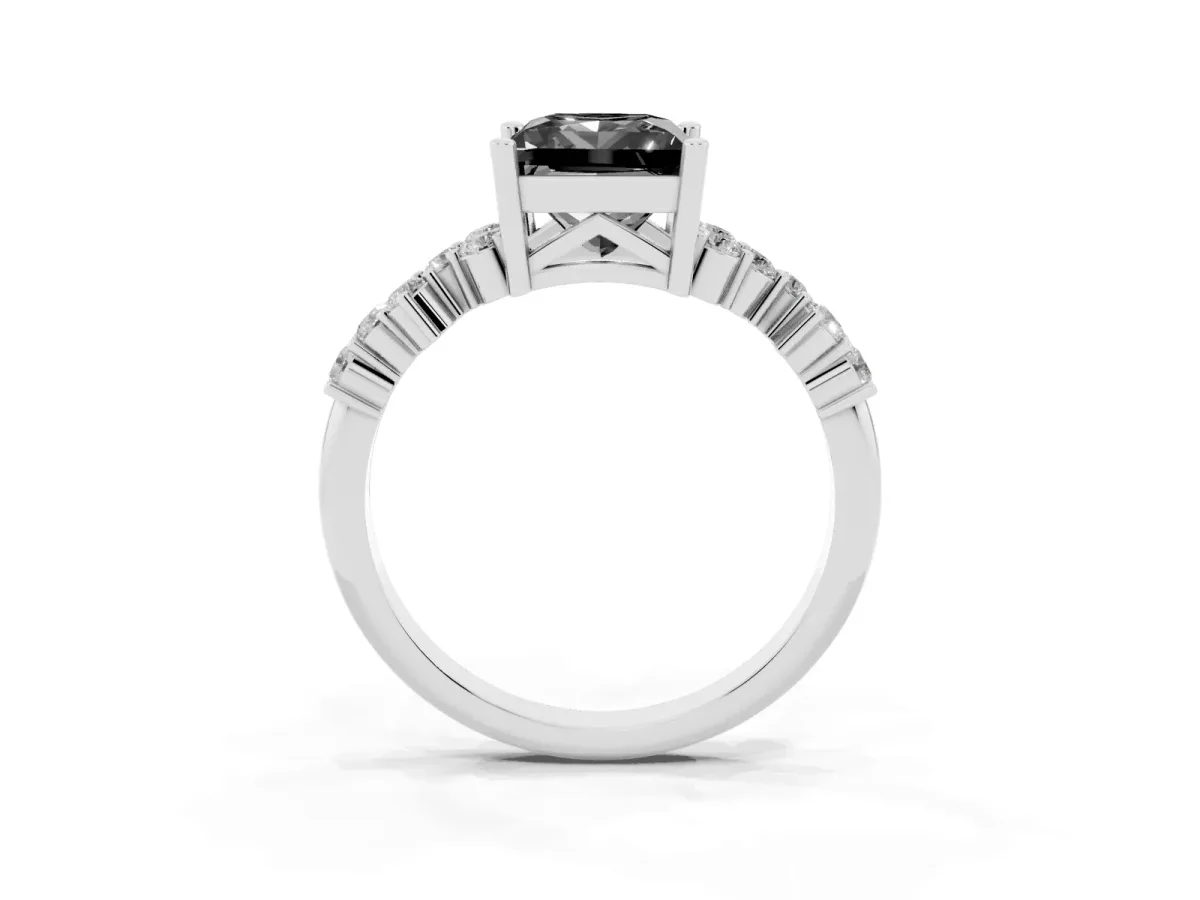 Fancy Black Princess Cut Diamond Scattered Round Accent Ring with Prong Setting Silver