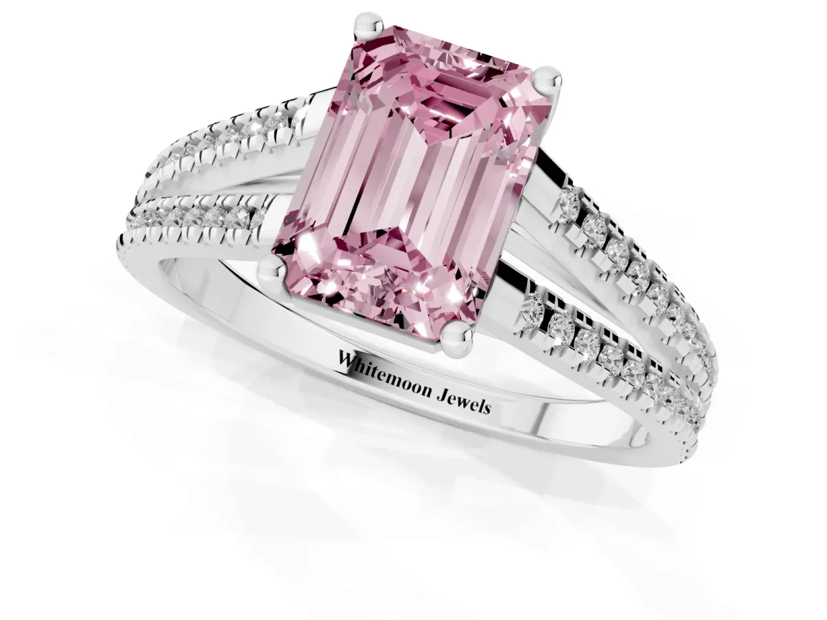 Fancy Pink Emerald Cut Diamond Solitaire Engagement Ring with Split Shank Pavé Band Silver
