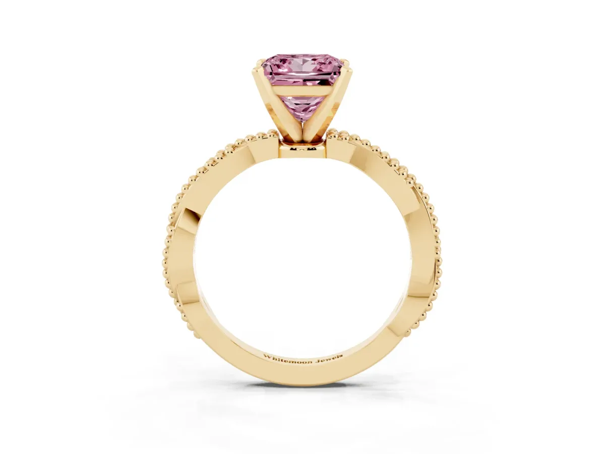 Fancy Pink Princess Cut Solitaire Twisted Band with Bead Prong Setting Yellow gold
