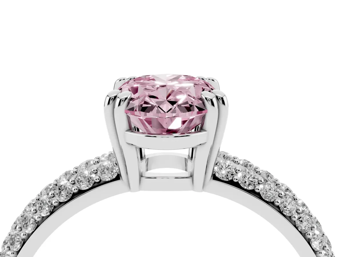 Fancy Pink Oval Cut Diamond Solitaire Ring with Multi-Row Round Pavé Band and Prong Setting Silver