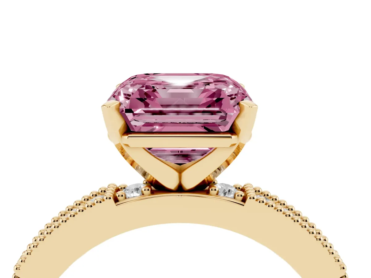 Fancy Pink Asscher Cut Solitaire with Pavé Band and Four-Prong Setting Yellow gold