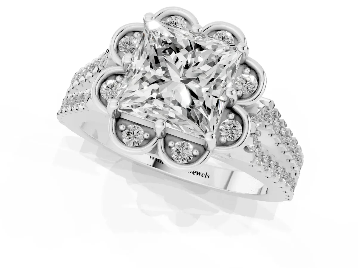 Princess Cut Halo Diamond Floral Split Shank Engagement Ring Platinum