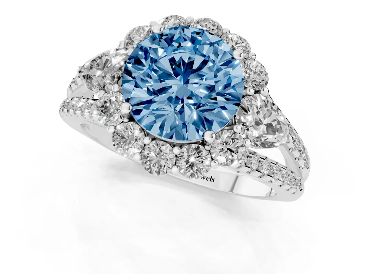 Fancy Blue Round Cut Halo Split Shank Diamond Engagement Ring with Prong Setting White gold