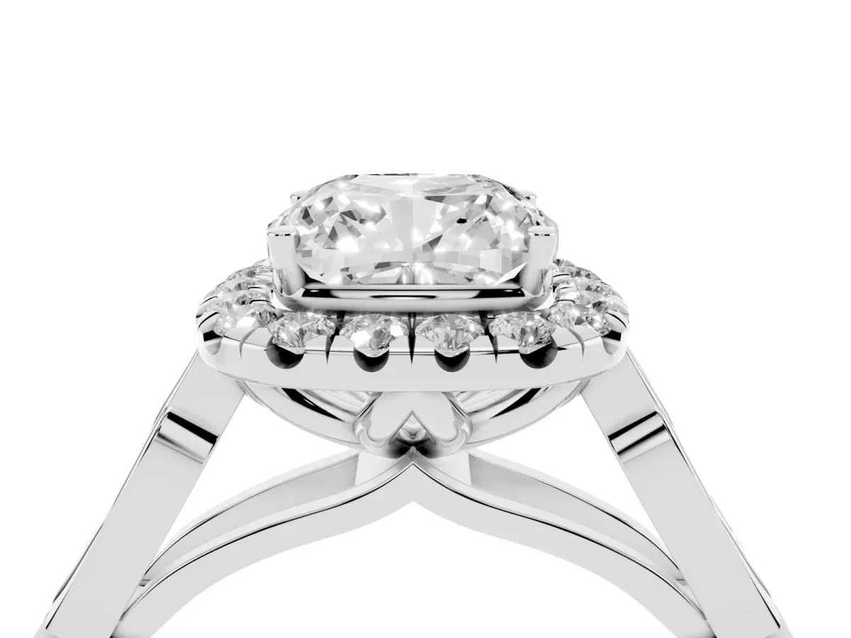 Cushion Cut Halo Diamond Engagement Ring with Filigree Band and Four-Prong Setting White gold