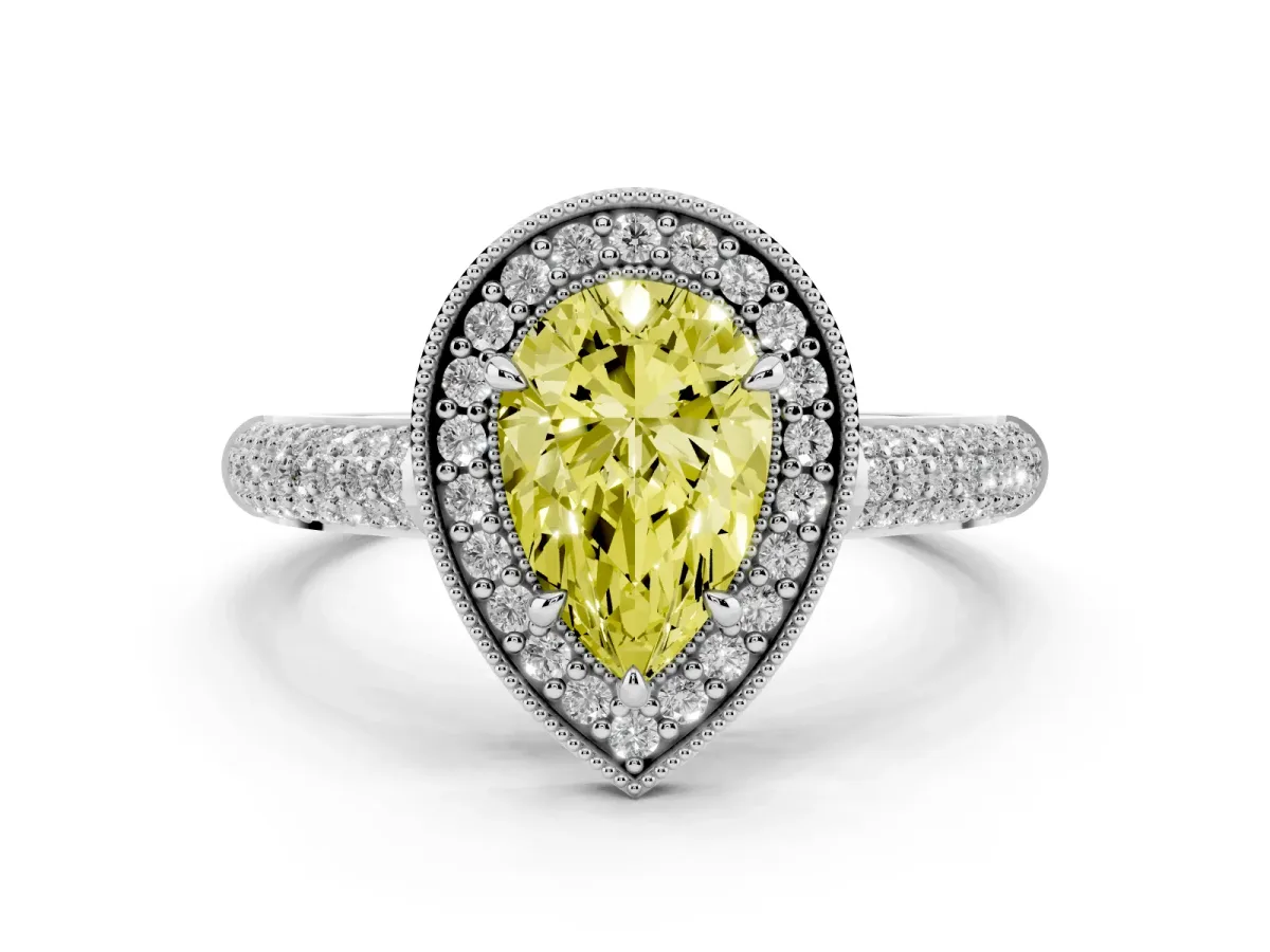 Fancy Yellow Pear Cut Cut Halo Diamond Pave Band with Four-Prong Setting Platinum