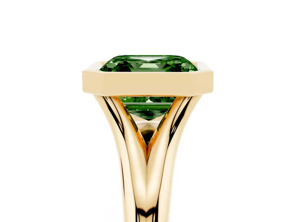 Fancy Green Bezel Set Asscher Cut Solitaire Diamond Ring with Smooth Band Yellow gold