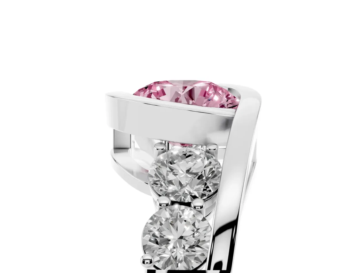 Fancy Pink Bezel Set Round Cut Diamond Bypass Ring with Round Accents Silver