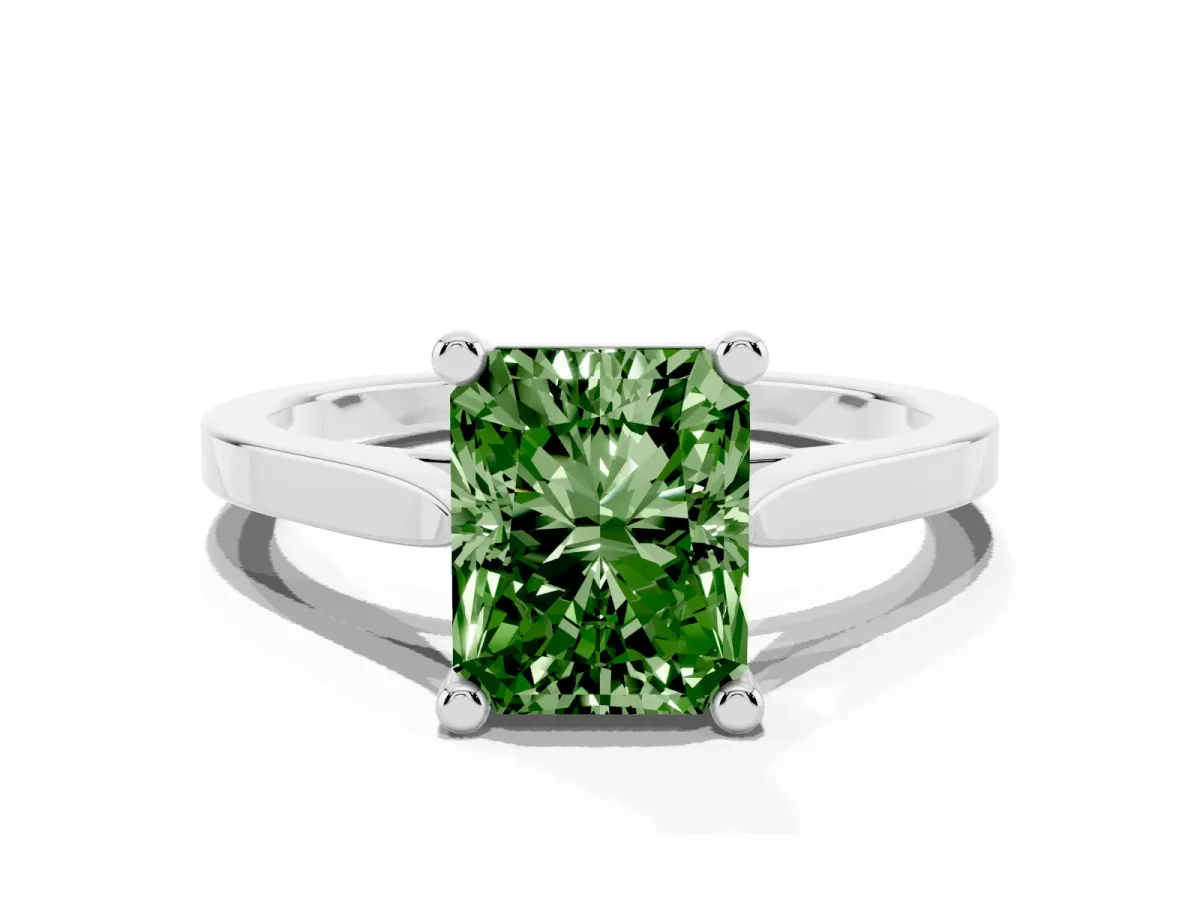 Fancy Green Radiant Cut Solitaire Diamond Ring with Four-Prong Setting and Tapered Band Silver