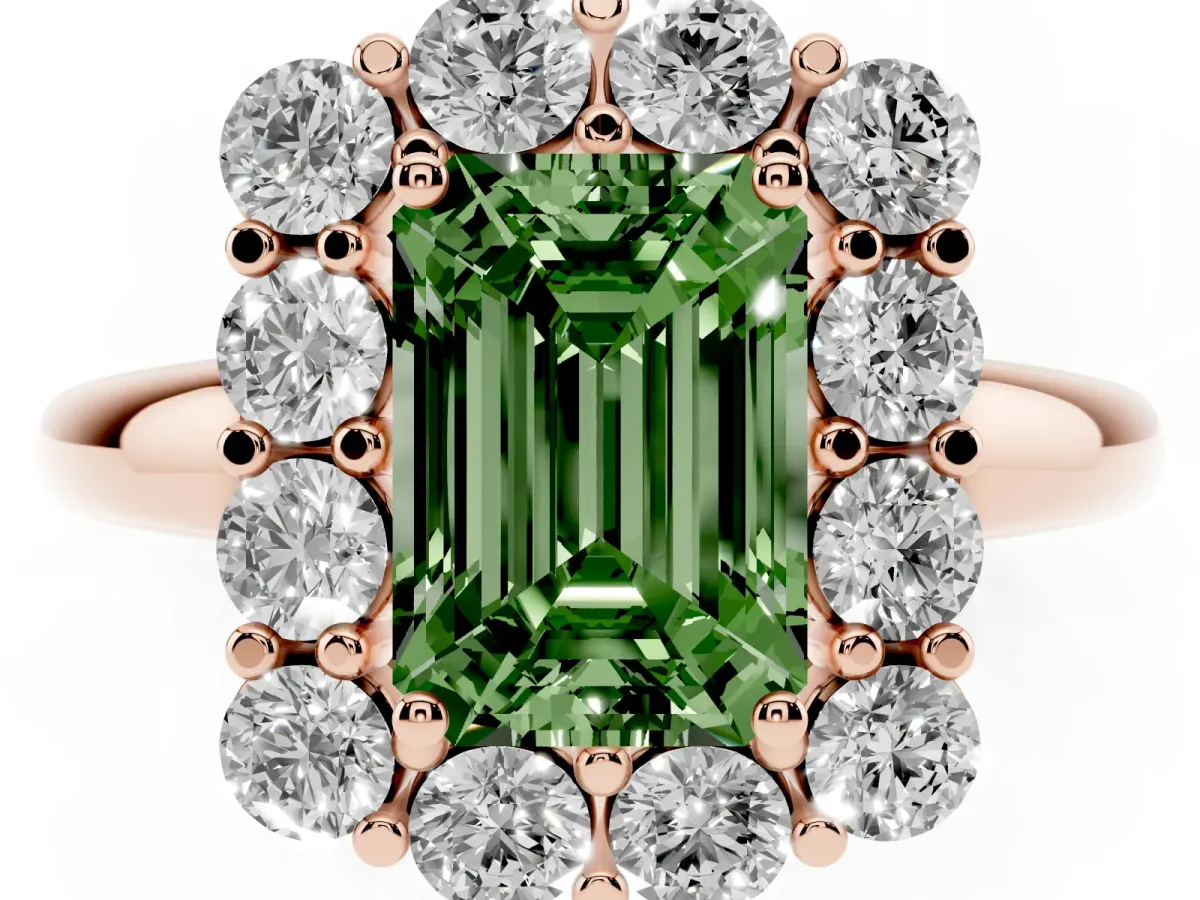 Fancy Green Emerald Cut Halo Cluster Diamond Engagement Ring with Prong Setting and Polished Band Rose gold