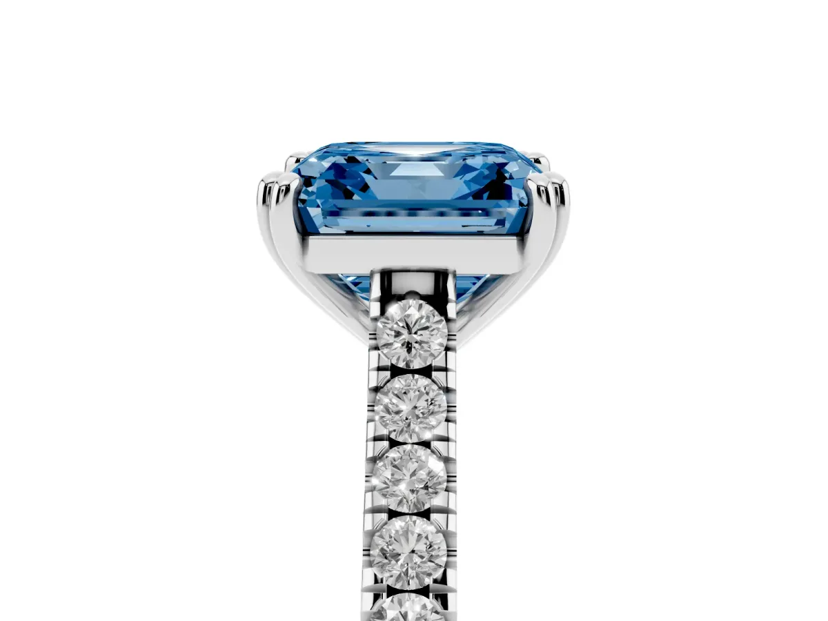 Fancy Blue Asscher Cut Solitaire Pave Diamond Engagement Ring with Prong Setting Silver
