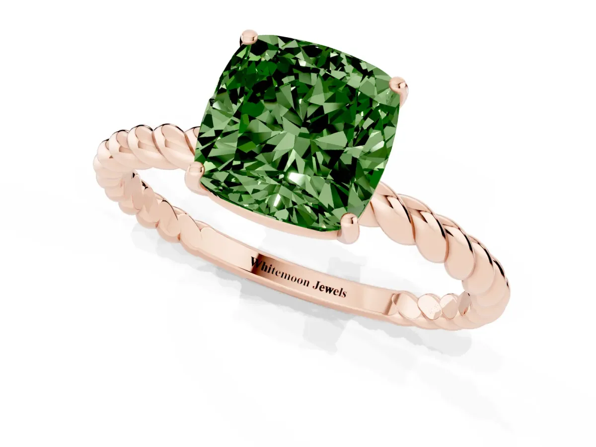 Fancy Green Cushion Cut Solitaire Twist Band Ring with Four-Prong Setting Rose gold